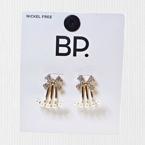 BP. Gold Bow Pearl Drop Jacket Earrings Nickel-Free Nordstrom Elegant Design NWT - Picture 1 of 5